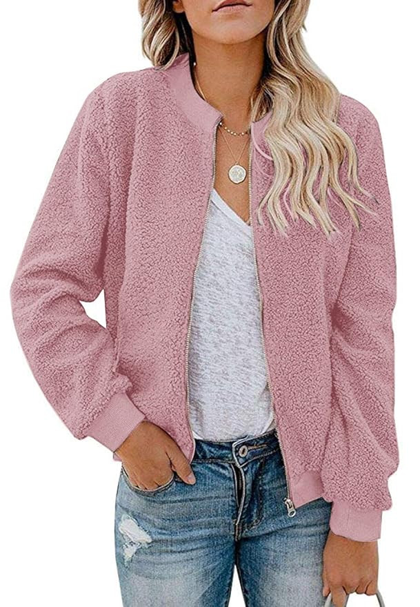 MIROL Women's Sherpa Fleece Jacket Faux Fuzzy Long Sleeve Casual Zip Up Bomber Coat with Pockets | Amazon (US)