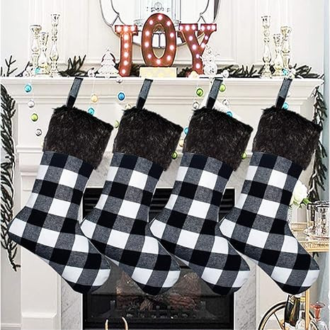 Senneny Christmas Stockings- 4 Pack 18" Black White Buffalo Plaid Christmas Stockings with Plush ... | Amazon (US)
