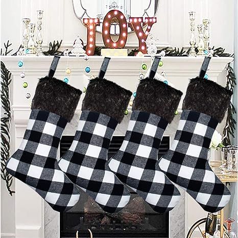 Senneny Christmas Stockings- 4 Pack 18" Black White Buffalo Plaid Christmas Stockings with Plush ... | Amazon (US)