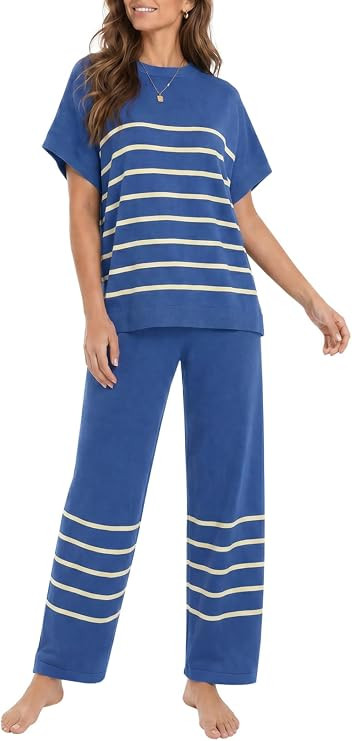 Fisoew Womens Casual 2 Piece Lounge Sets Oversized Short Sleeve Knit Sweater Wide Leg Pants Strip... | Amazon (US)