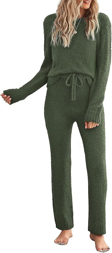 luvamia Women's Casual Pajama Set Fuzzy Fleece Knitted Long Sleeve Pj Loungewear | Amazon (US)