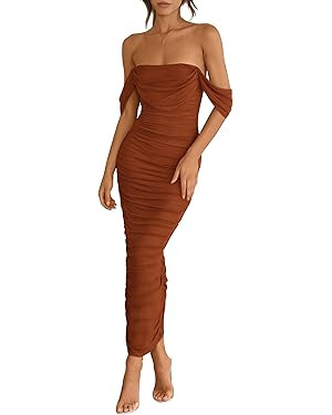PRETTYGARDEN Womens 2025 Summer Off The Shoulder Dress Ruched Bodycon Sleeveless Split Cocktail P... | Amazon (US)