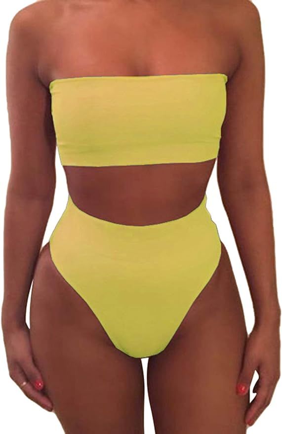 Amazon.com: Pink Queen Women's Removable Strap Pad High Waist Bikini Set Swimsuit Yellow XL : Clo... | Amazon (US)