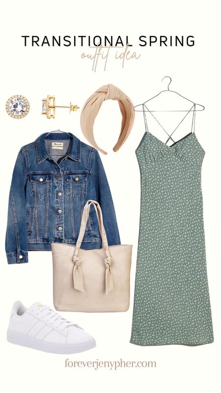Transitional spring outfit idea!

Denim jacket, slip dress, midi dress, knotted headband, tote bag, gold earrings, white sneakers

#LTKstyletip #LTKSeasonal #LTKfit