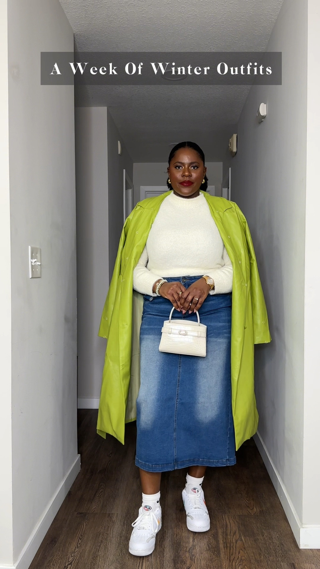 A week of winter outfits: sliding through Wednesday casually with this denim midi or maxi skirt, knit sweater, leather coat and sneakers type of deal.

This is me stepping out of comfort zone, but again it's an outfit I would definitely rock to work for instance. I love how the green leather trench coat adds some vivacity to the look and gives it some life!

#LTKitbag #LTKfindsunder50 #LTKstyletip