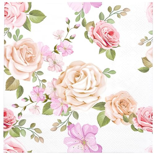 WRAPAHOLIC 50Pcs Pink Floral Cocktail Napkins - 3-Ply Pink Rose and Blossom Disposable Paper Napkins for Wedding Party Tableware Party Supplies - 5 x 5 In | Amazon (US)