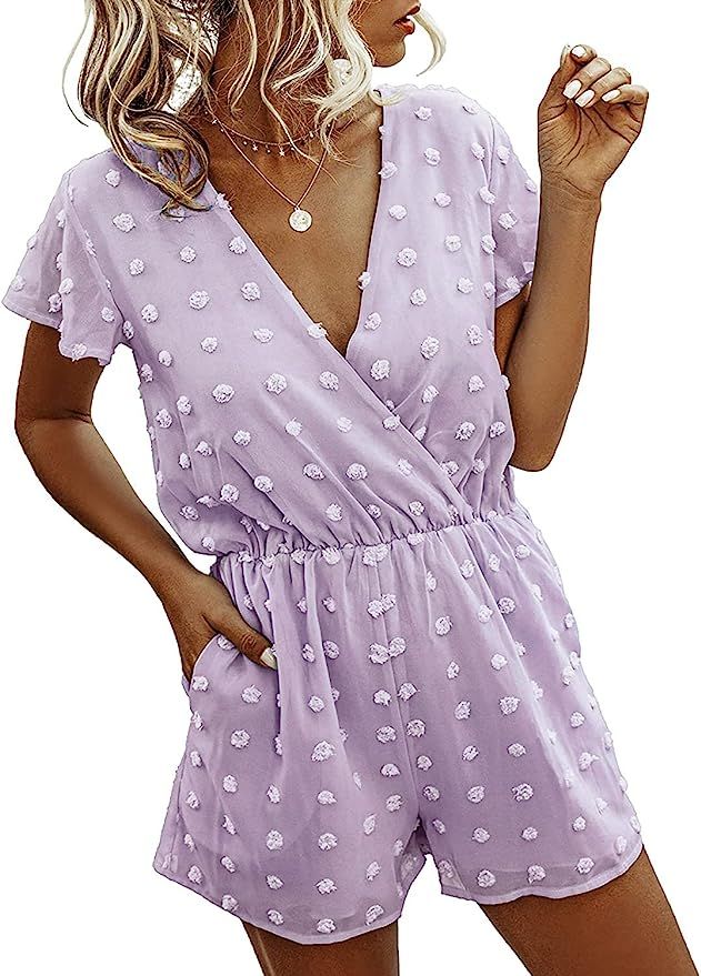 Amazon.com: BTFBM Women Fashion Wrap V-Neck Swiss Dot Print Soft Short Sleeve Elastic Waist Plain... | Amazon (US)