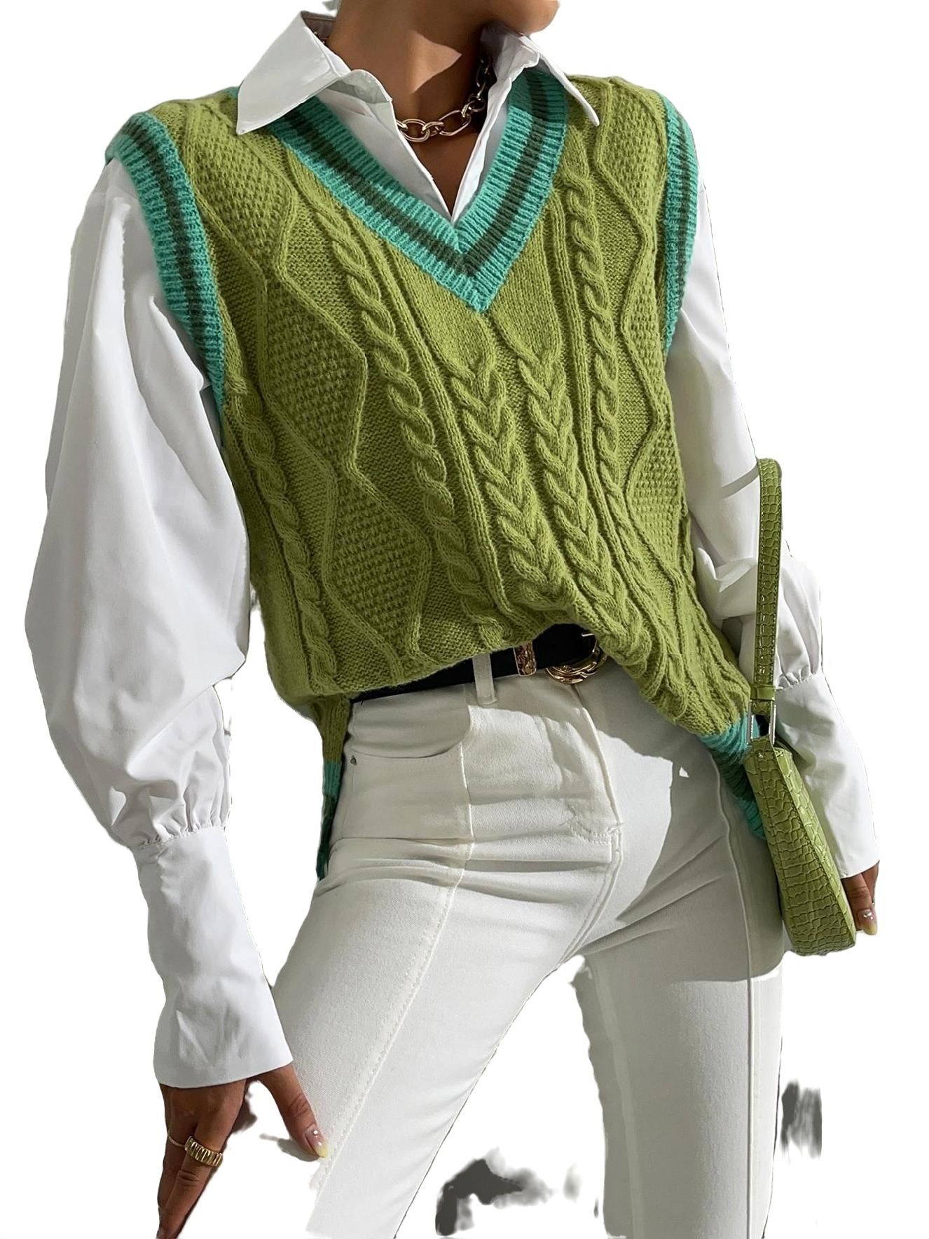 V neck Olive Green Women's Sweater Vests Casual Striped Vests (Women's) | Walmart (US)