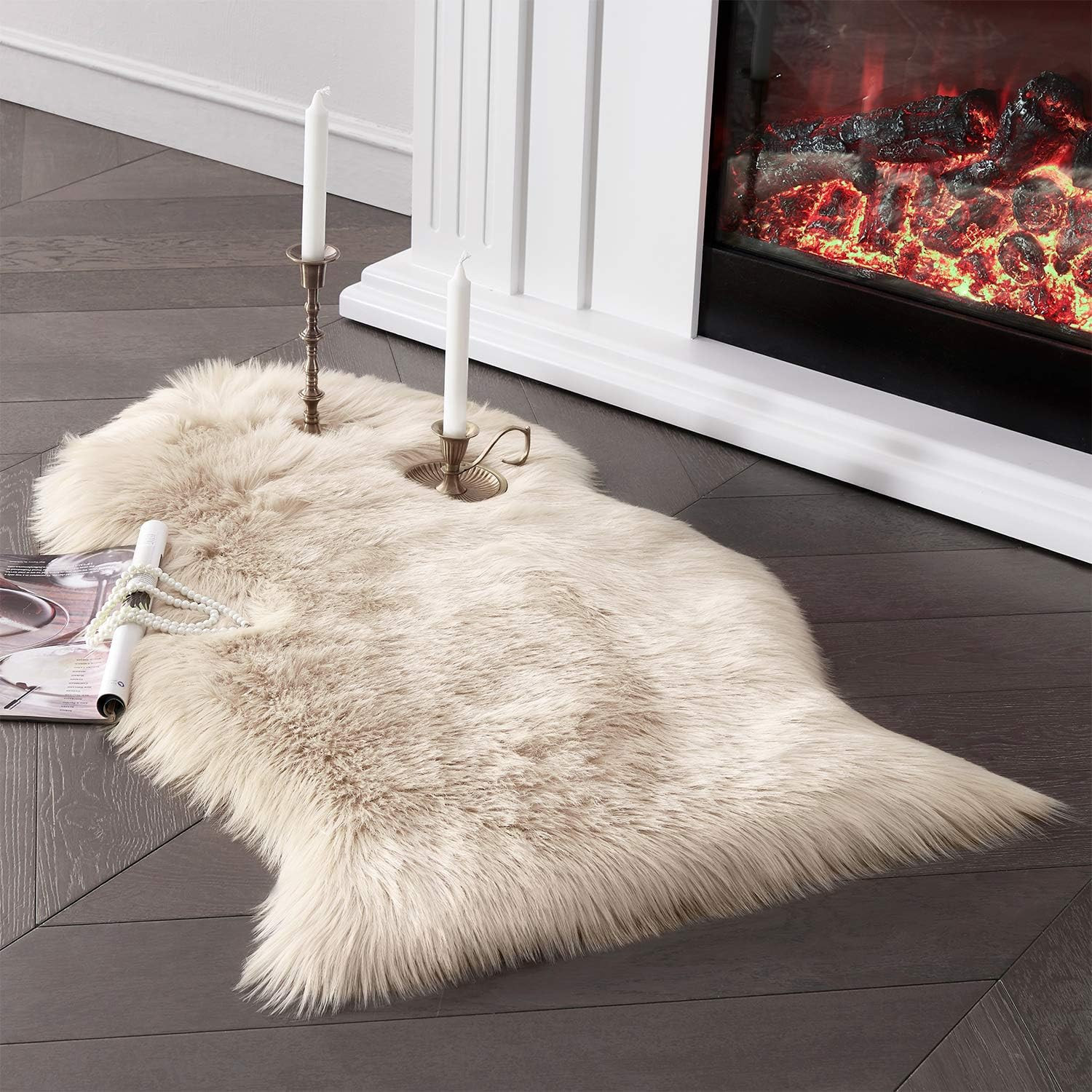 Faux Sheepskin Fur Area Rug Beige Fur Chair Cover Seat Pad Small Fuzzy Rug for Bedroom Floor Sofa Living Room Decor 2x3 Feet | Amazon (US)