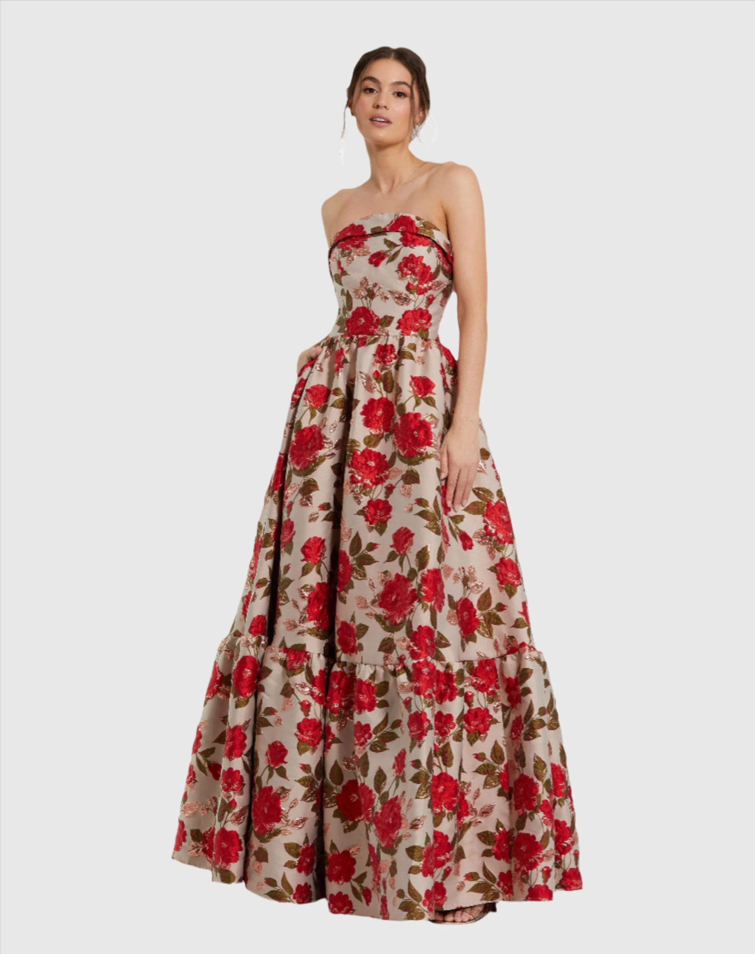 Brocade Strapless Floral Gown With Ruffle Hem | Mac Duggal