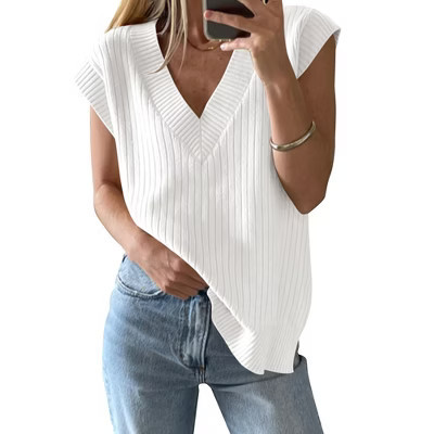 Women's V Neck Sweater Vest Oversized Cap Sleeve Casual Ribbed Split Hem Pullover Tank Tops Knitwear White XL | Target