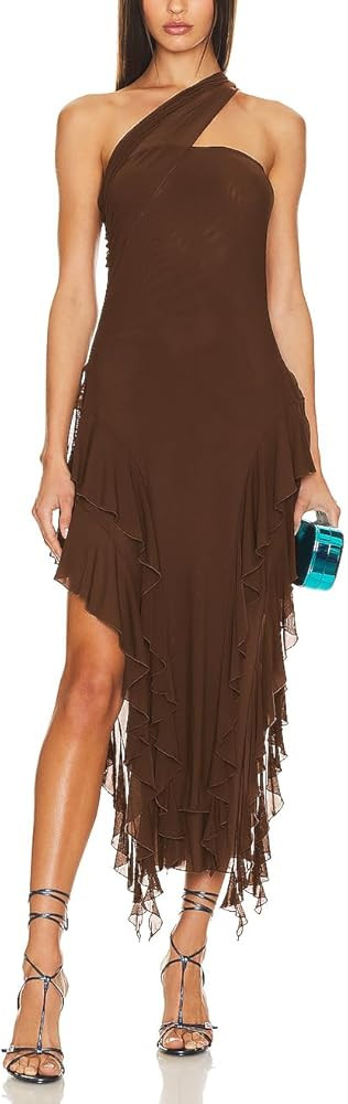 ALENDA DANMOS Womens Sleeveless One Shoulder Halter Straps Maxi Dress Irregular Mesh Ruffles Hem ... | Amazon (US)