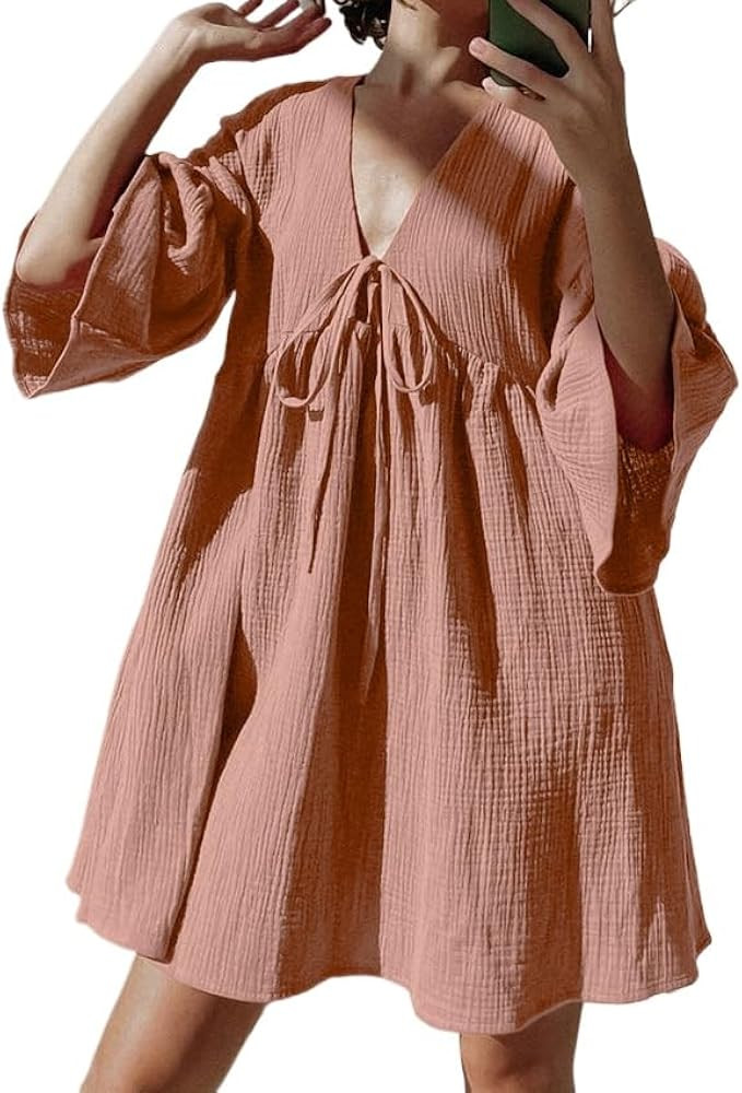 Women's Y2K Coquette Dress Cotton V Neck Mini Dress Summer Loose Causal Straps Dress Fairycore Ae... | Amazon (US)