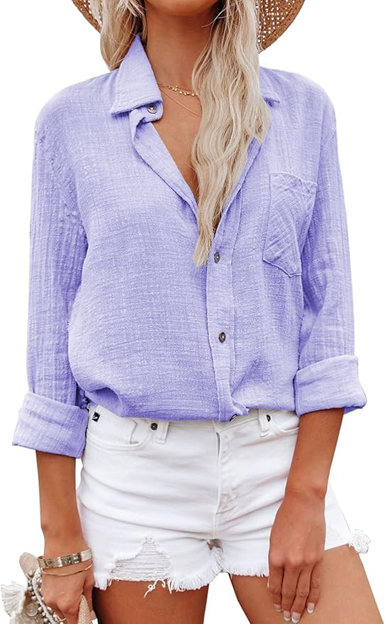 Womens Button Down Shirts Gauze Cotton Dress Shirt Long Sleeve Oversized Boyfriend Solid Tunic To... | Amazon (US)