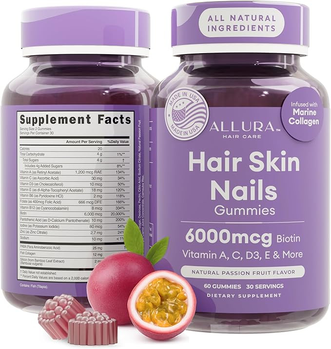 Hair Skin and Nails Vitamins for Women – Extra Strength 6000mcg Biotin Hair Gummies with Marine... | Amazon (US)