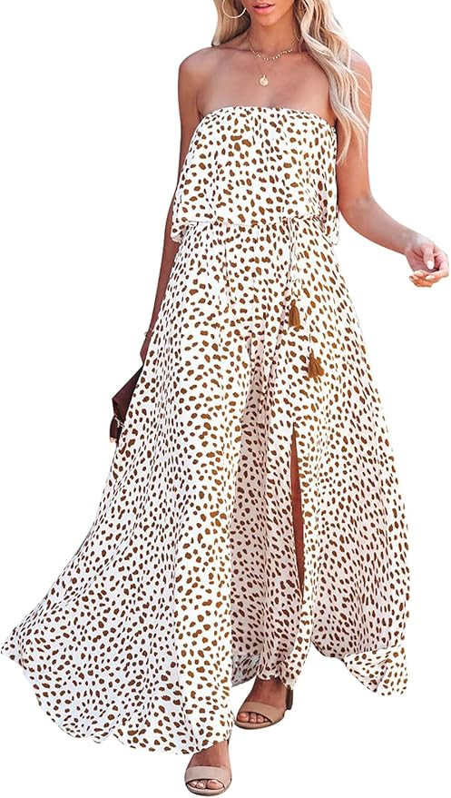 LEANI Women’s Summer Off Shoulder Ruffle Maxi Dress Strapless Split Long Party Beach Dress | Amazon (US)