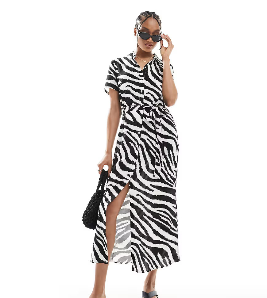 Vero Moda Tall easy button-down long shirt dress in zebra print-White | ASOS (Global)
