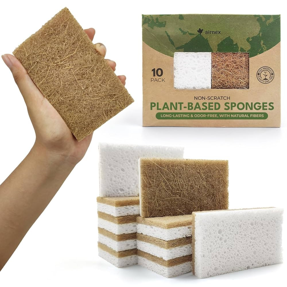 10 Pack Biodegradable Natural Kitchen Sponge - Compostable Cellulose and Coconut Walnut Scrubber ... | Amazon (US)