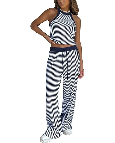 EXLURA Womens Cotton Summer 2 Piece Outfits Striped Halter Tops Matching Wide Leg Pant Sets Loung... | Amazon (US)