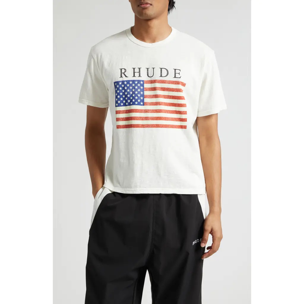 Rhude USA Flag Slub Cotton Graphic T-Shirt in Vintage White/Black at Nordstrom, Size Large | Nordstrom