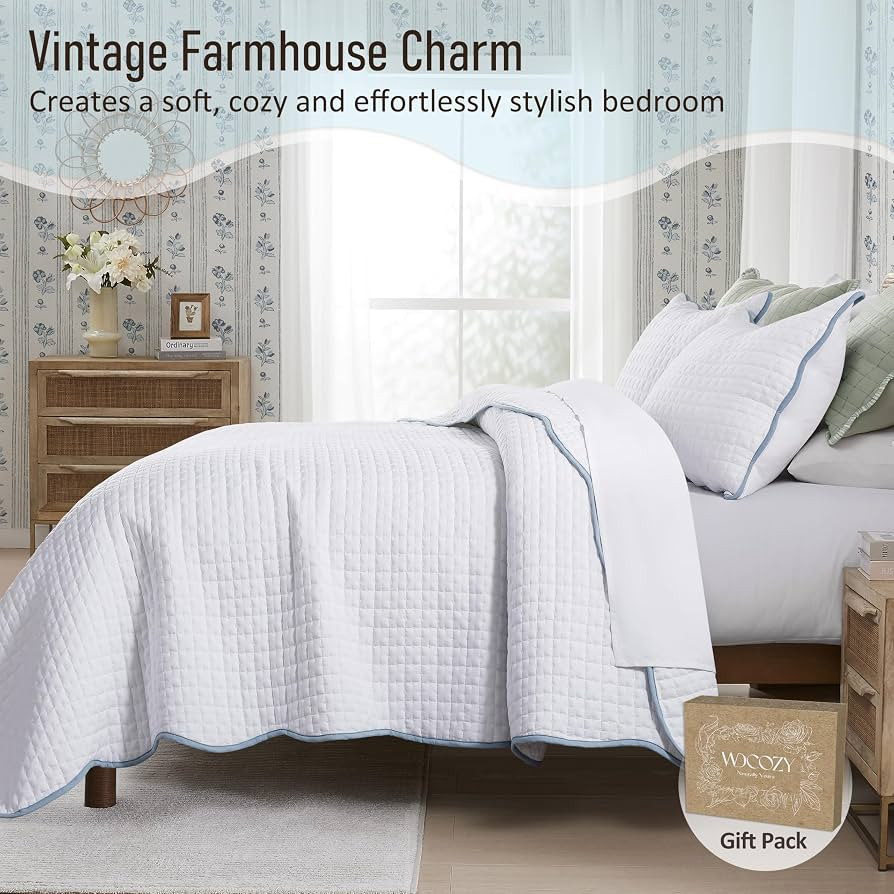 WDCOZY White Queen Size Quilt Bedding Set, Scalloped Farmhouse Country Rustic Lightweight Soft Co... | Amazon (US)
