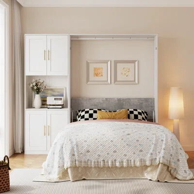 Murphy Bed Queen With Side Cabinet Storage Shelves, Modern Queen Size Wall Bed Cabinet With Wood Slat, Hidden Foldable Platform Bed Frame, Space-savin | Wayfair North America