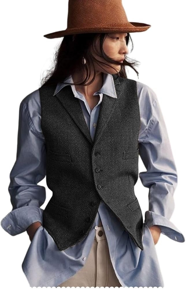 Womens Herringbone Tweed Waistcoat Lapel Sleeveless Blazers V Neck Work Office Suit Vests | Amazon (US)