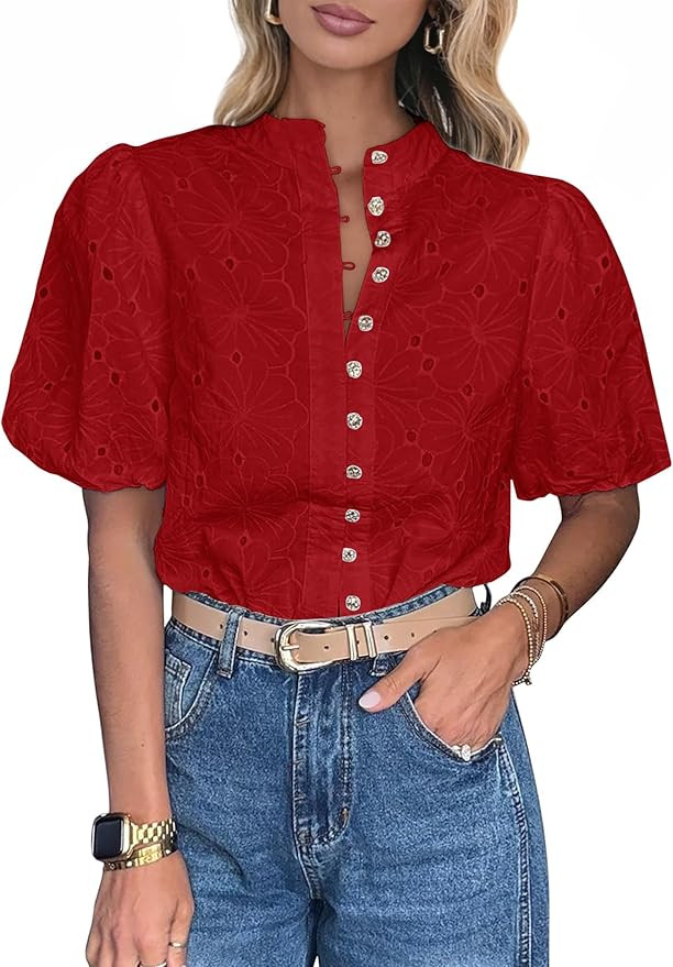 Lazysmile Summer Boho Tops for Women Short Sleeve V Neck Button Down Hollow Out Lace Embroidered ... | Amazon (US)