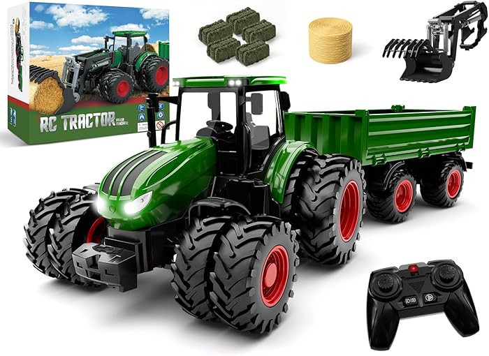 Remote Control Tractor Toy with Trailer | Metal Front & Front Loader Farm Vehicle Set with Lights... | Amazon (US)