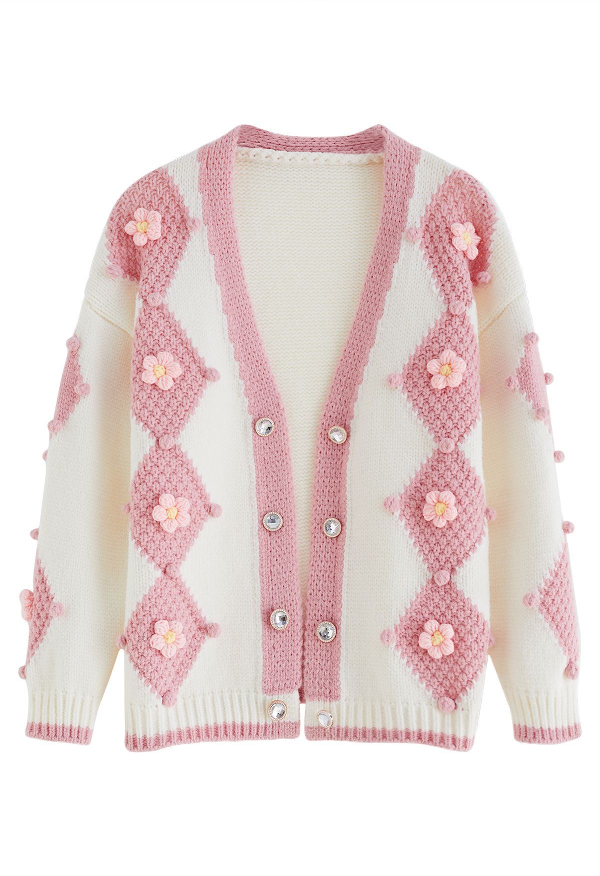 Pink Floral Stitched Pom-Pom Knit Cardigan | Chicwish