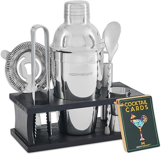 Mixology Bartender Kit - 8-Piece Silver Cocktail Shaker Set with Black Wood Stand, Recipe Cards, ... | Amazon (US)