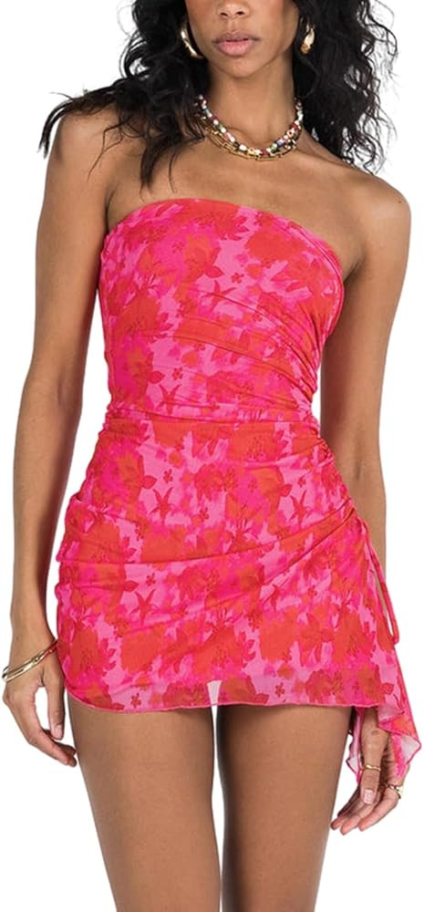 Fanvereka Summer Sexy Floral Tube Dress Y2K Strapless Bodycon Mini Dress Short Bandeau Dress for ... | Amazon (US)