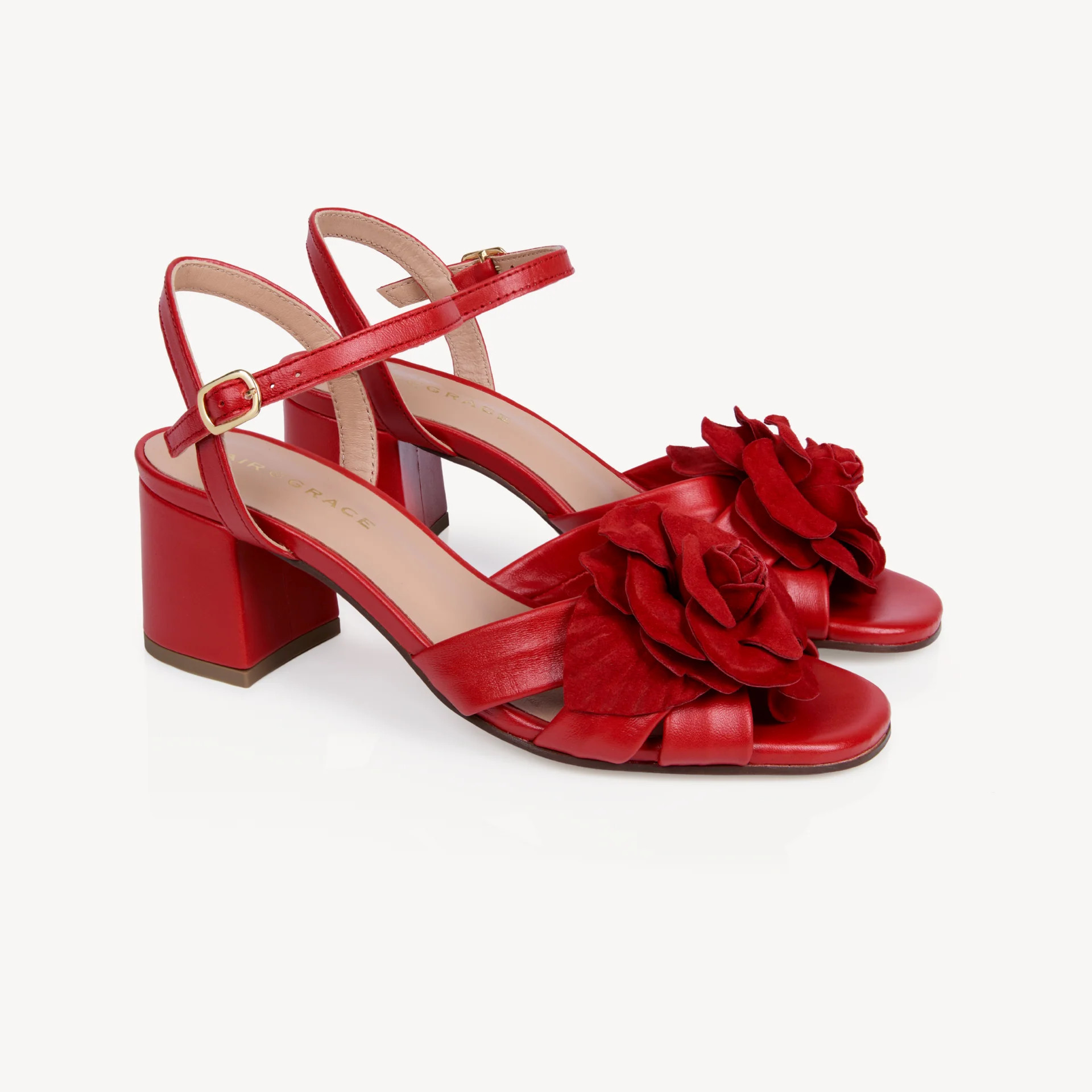 Flora: Red Leather & Flower Block Heel Sandals | Air & Grace