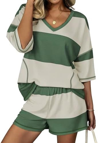 Ekouaer Two Piece Sets for Women Summer Lounge Sets 2026 Striped Shirts and Shorts Set Oversized ... | Amazon (US)