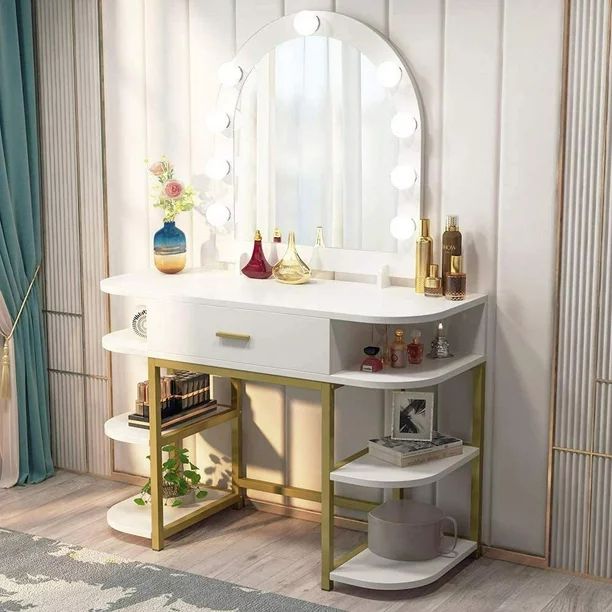 Large Vanity Table with Lighted Mirror and Drawer, Bedroom Makeup Table with 9 Lights and 6 Stora... | Walmart (US)