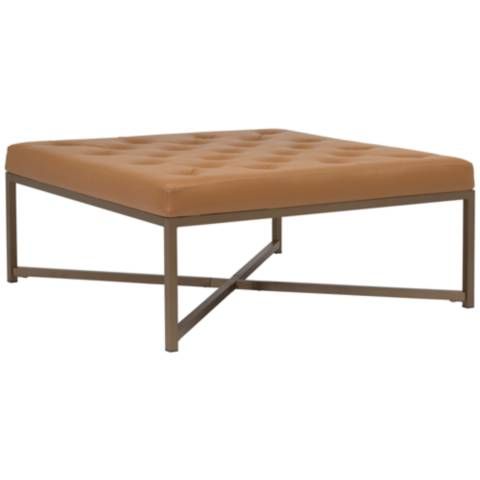 Camber Caramel Leather and Bronze Steel Tufted Square Ottoman | LampsPlus.com