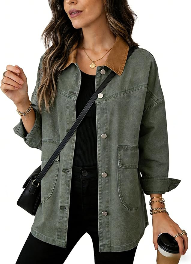 Yeokou Women's Oversized Contrast Collar Denim Barn Jacket Button Down Big Pockets Spring Fall Tr... | Amazon (US)