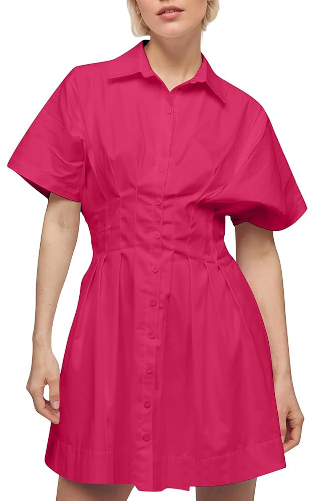 Women Button Down Pleated Shirt Dress Summer Short Sleeve Blouse Striped Print Corset Mini Dresse... | Amazon (US)