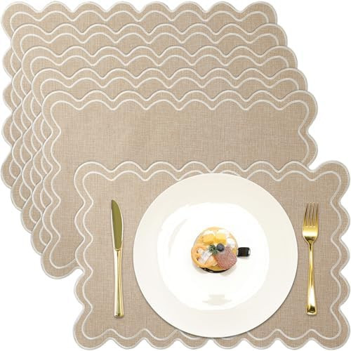Set of 6 Cotton Linen Placemats, 13x19 Inch Scalloped Wavy Embroidery Placemat Double Layered Was... | Amazon (US)