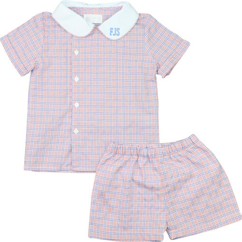 Pink And Blue Plaid Seersucker Short Set | Cecil and Lou