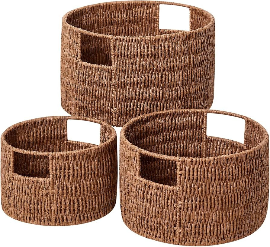 Vagusicc Wicker Storage Basket, Hand-Woven Paper Rope Large Round Woven Basket With Handles, Wick... | Amazon (US)