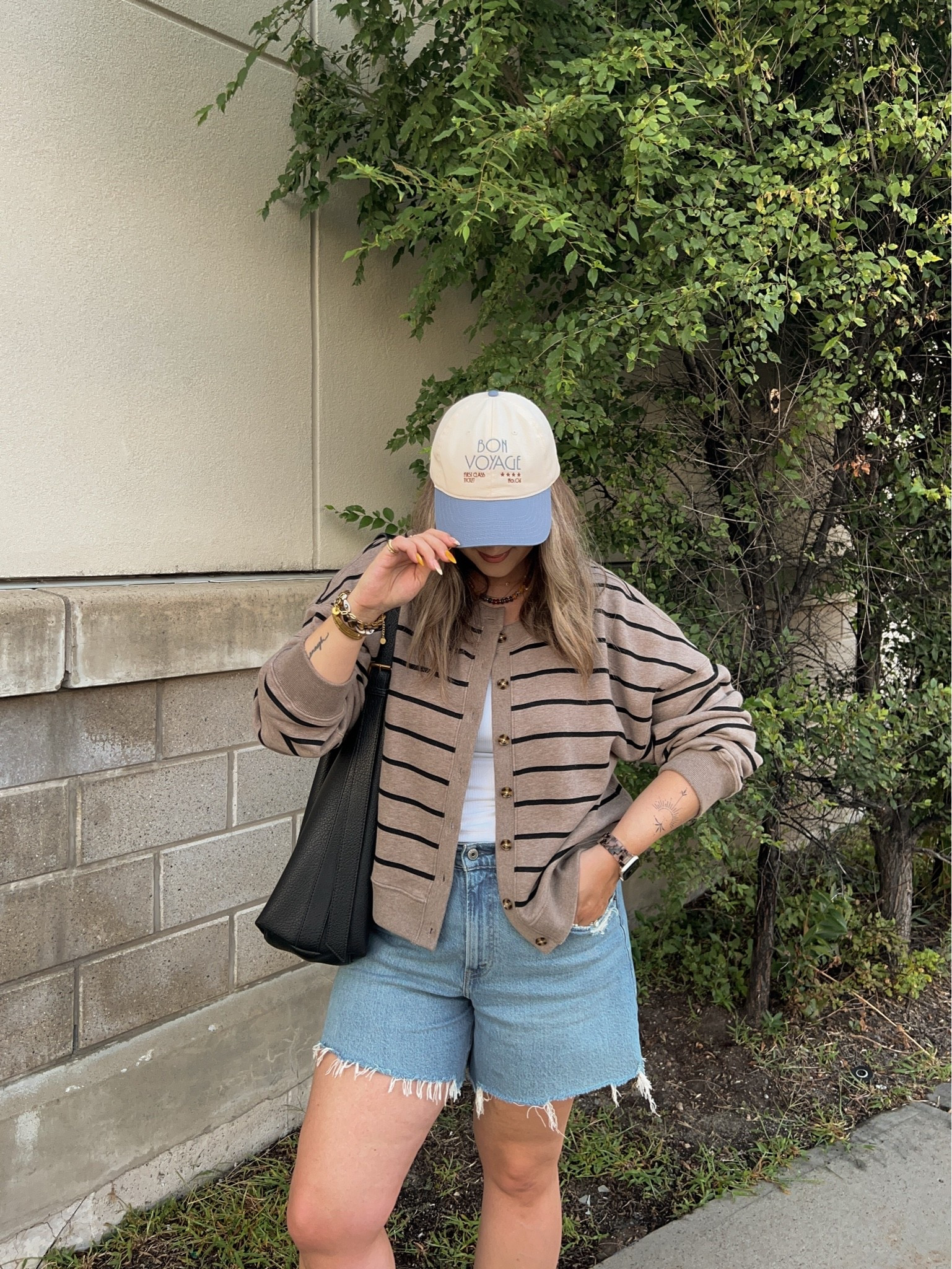 Abercrombie fall transitional outfit! Wearing size L in the striped cardigan sweatshirt and size M in the bra free tank. Sized up to 32 in the denim shorts for a baggy fit. I’m a 9.5-10 shoe and wear a 40 in the Birkenstocks

#LTKfall #LTKmidsize #LTKstyletip