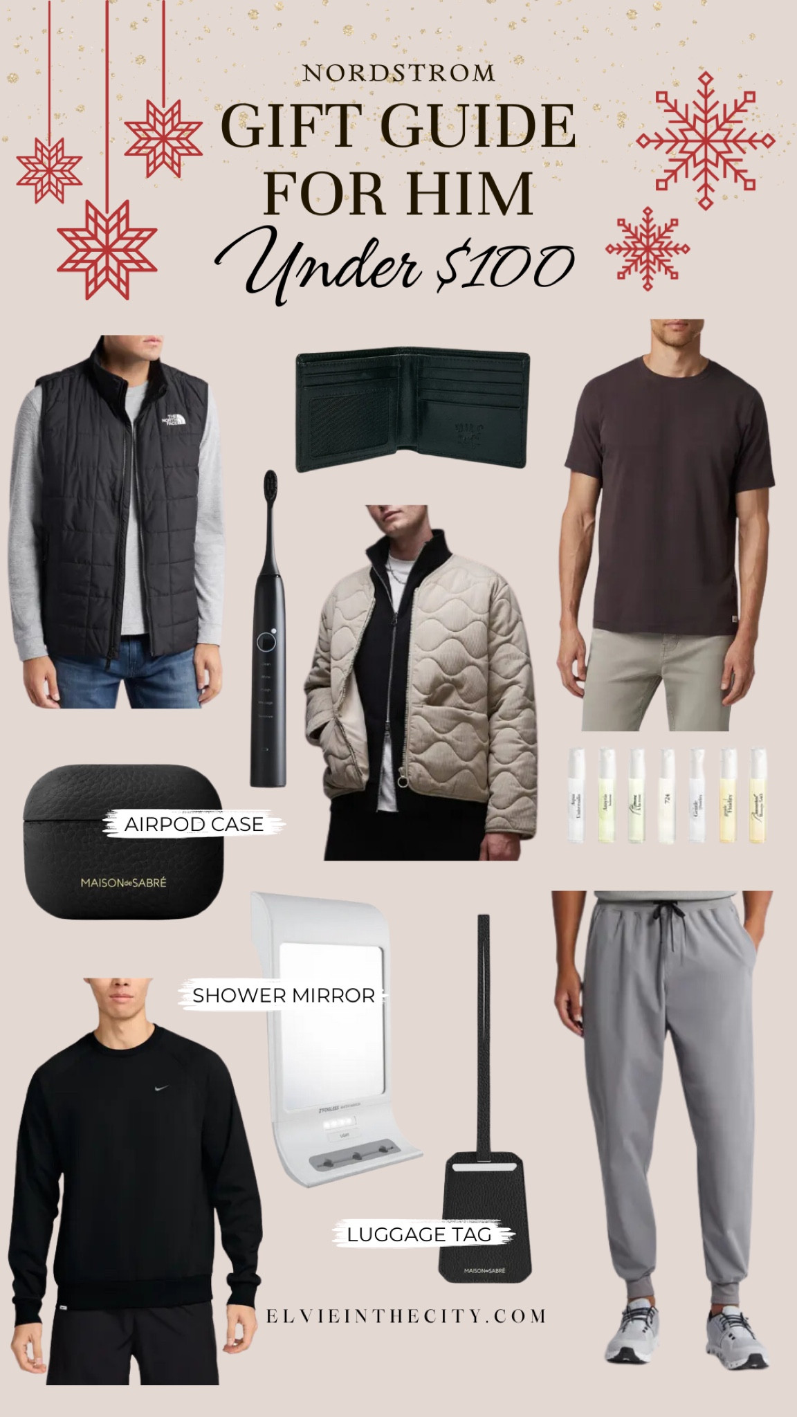 This Nordstrom gift guide for him under $100 includes a North Face vest, a wallet, electric toothbrush, a jacket, a Vuori tee, an AirPod case, a fragrance set, a Nike sweatshirt, shower mirror, luggage tag, and sweatpants.

Gifts for him, gifts for dad, gifts under 100

#LTKMens #LTKGiftGuide #LTKFindsUnder100
