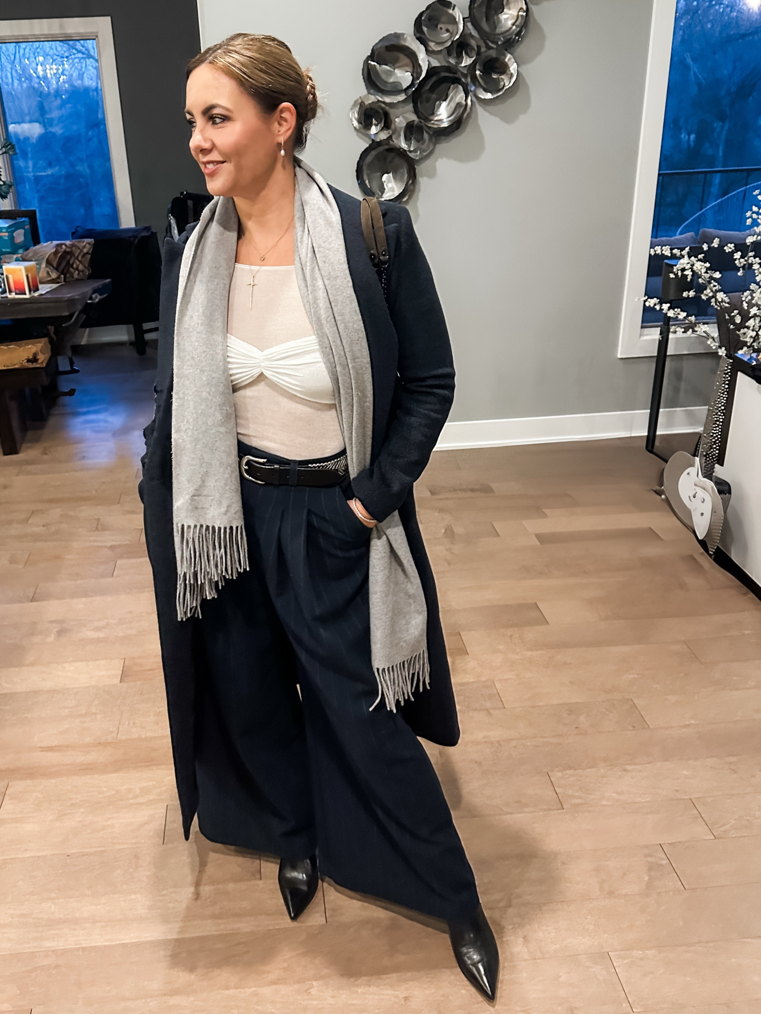 Dinner date featuring navy wide leg trousers and a coordinating wool overcoat, plus a fun sheer top from Amazon. 😘 

#LTKStyleTip #LTKSeasonal #LTKWorkwear