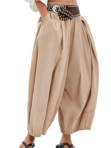 OFSOAK Women Bubble Pants 100% Cotton Balloon Pants Women with Pockets Womens Barrel Pant Low Waist Balloon Sweatpants Khaki | Amazon (US)
