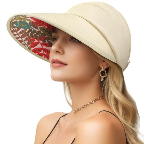 Sun Hats for Women, Wide Brim Beach Hats UV Protection, Packable Visor Ponytail Sunhat for Summer, Beige | Amazon (US)