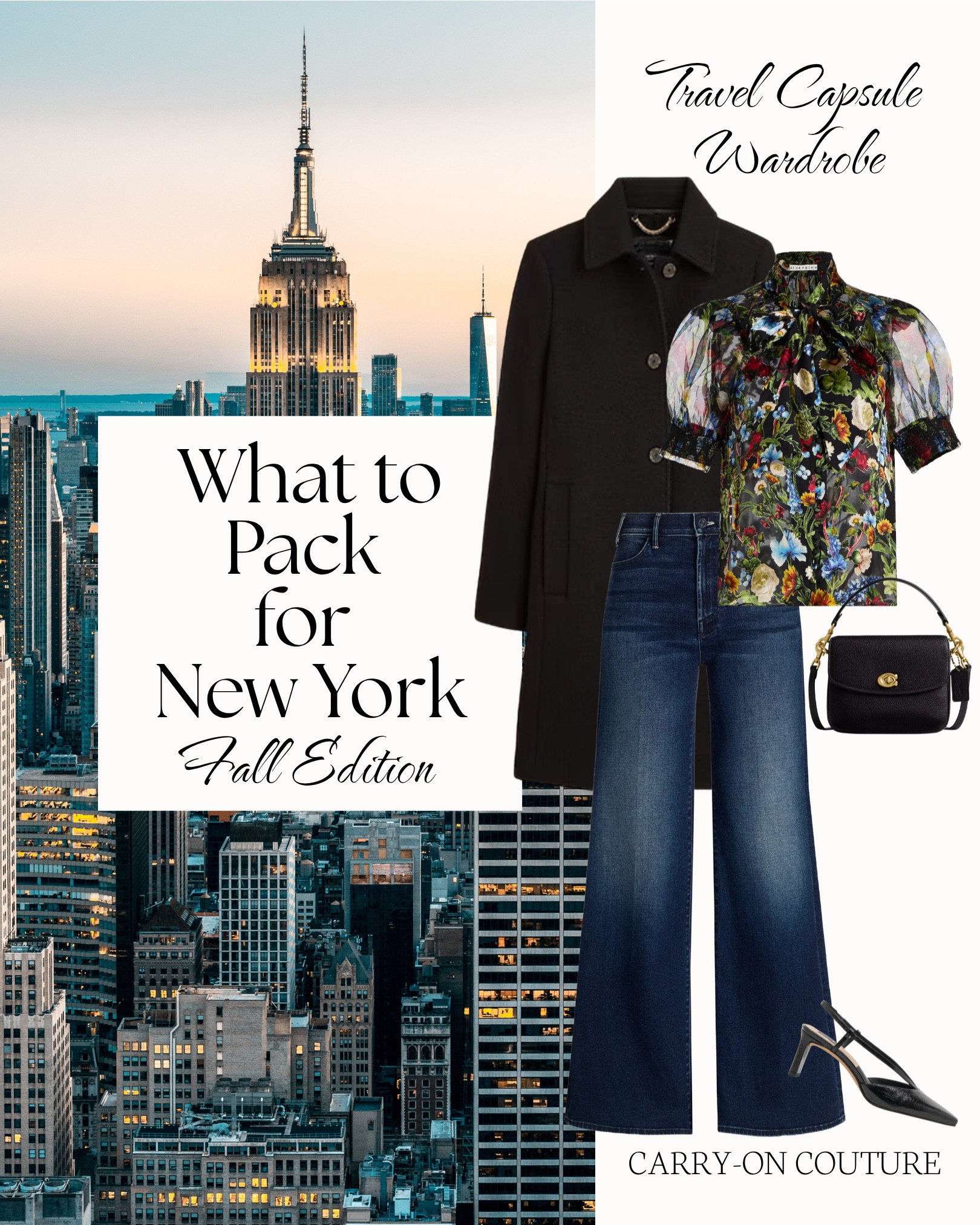 What to Pack for New York City in Late Fall

Days exploring SOHO boutiques, brunch in the West Village, dressed up evenings for cocktails, dinners and Broadway…this 11-outfit travel capsule wardrobe was created with NYC’s crisp, changeable mid-October to November weather in mind.

Expect daytime highs in the mid-50s°F to low-60s°F, nights dipping into the 40s°F.  I focused on elevated lightweight layers which will be gorgeous for the city’s indoor sights, but will definitely need to be paired with warm coats when out exploring the streets.  (Don’t forget an umbrella in the event a little rain comes your way!)

Not headed to New York?  This capsule is just as perfect for any short city getaway…San Francisco or Boston, maybe?  Anywhere you’ll find fall temperatures, shopping, a bit of night life, and a little chill in the air.  Here’s your packing list for New York City in late fall:
➡️ 5 Tops (mix of knits, prints & lightweight layers)
➡️ 2 Bottoms (dark denim & tailored knit trouser)
➡️ 2 Outer Layers: a long wool coat + a quilted bomber for casual days
➡️ 3 Shoes: sleek black boots, a sexy sling back heel, and comfy sneakers
➡️ Accessories: beanie, scarf, belt, crossbody bag, and statement earrings

Every piece mixes and matches into 11+ outfits — and yes, it all fits in your carry-on suitcase!

⭐️ My travel capsules are crafted with care from research, personal travel experience, and my own style preferences. I try to get it right every time — but I can’t always predict surprise weather or your exact itinerary. Take what works, leave what doesn’t, and make it your own. These capsules are intended to be fun starting points, not packing gospel.