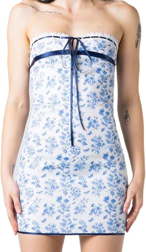 ROAONOCOMO Women Y2K Off Shoulder Mini Tube Dress Open Back Strapless Bodycon Dresses Sexy Short ... | Amazon (US)