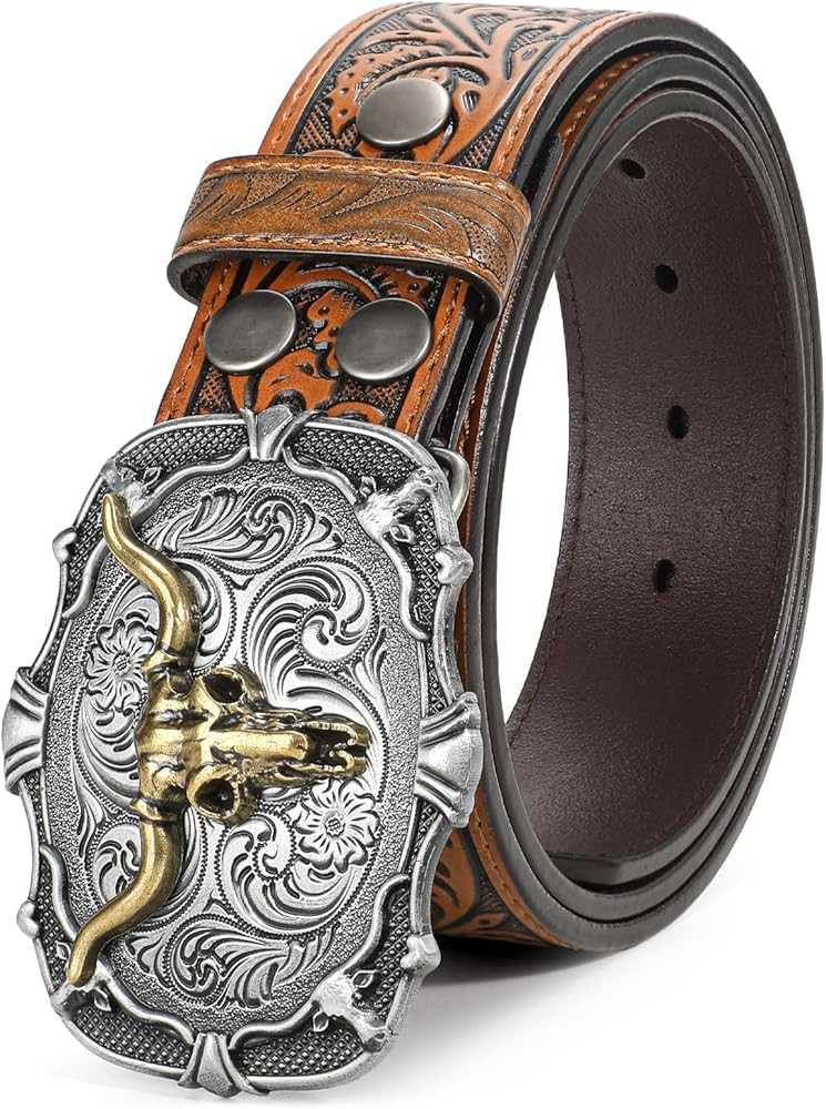 BELTROAD Western Leather Buckle Belt for Men Women Cowboy Cowgirl Mens Leather Belt for Jeans Chr... | Amazon (US)