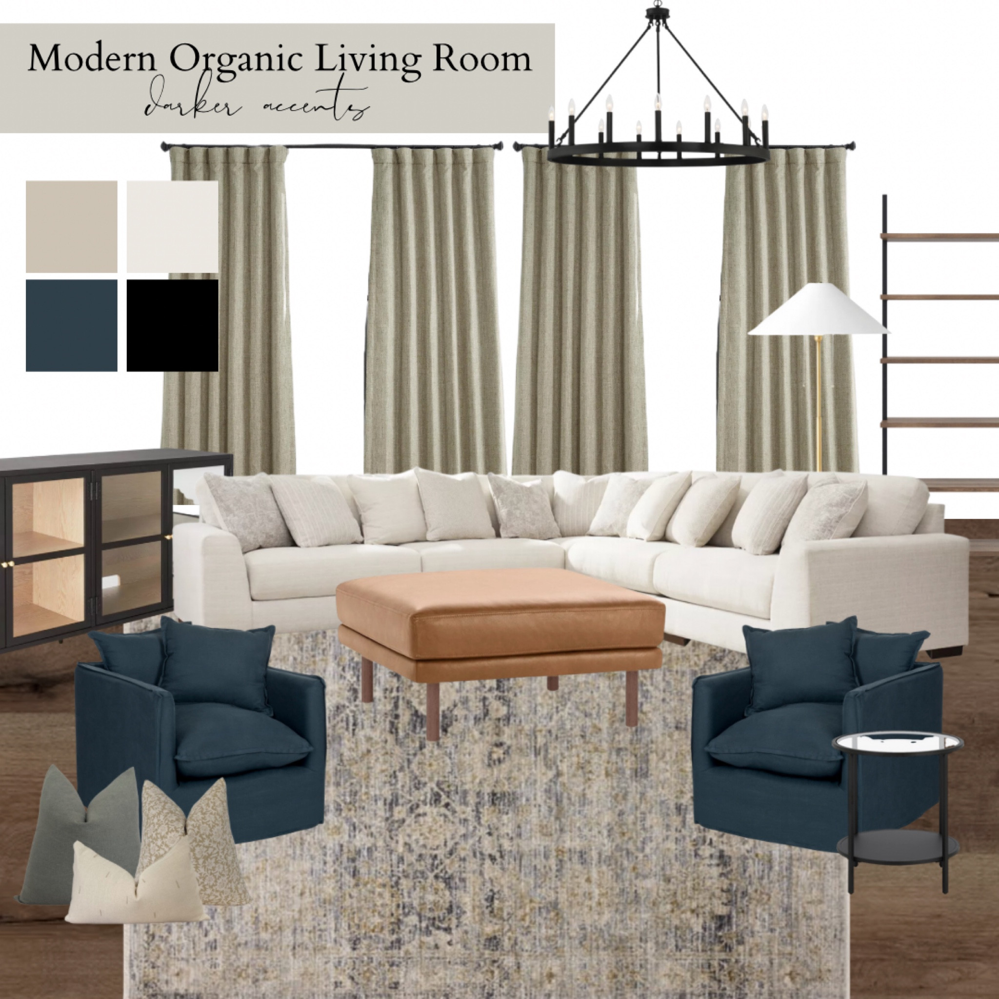 Earthy Living Room with Cream Couch
.
Living room with leather ottoman
Navy blue accent chairs
Linen accent chairs
Black tv console
Black sideboard
Living room decor for beige walls
Decor that matches Buried in Sand paint color

#LTKfamily #LTKhome